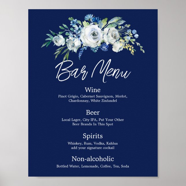 Navy Blue Floral Modern Winter Wedding Bar Menu Poster (Vorne)