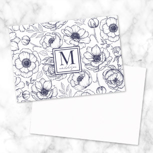 Navy Blue Floral Monogram Mitteilungskarte