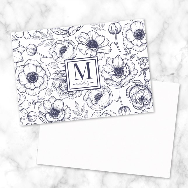 Navy Blue Floral Monogram Mitteilungskarte (Navy Blue Floral Monogram Note Card)
