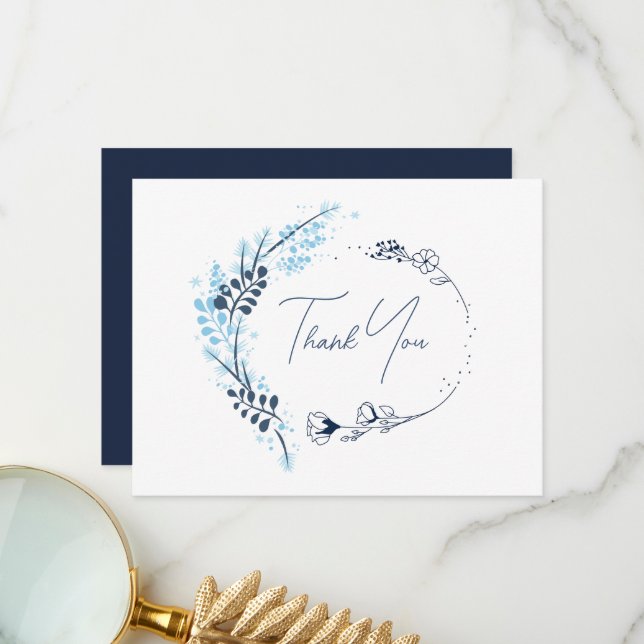 Navy Blue Floral Monogram Wedding Dankeschön Card Dankeskarte (Vorderseite/Rückseite Beispiel)