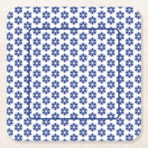 Navy Blue Floral Mosaik Rechteckiger Pappuntersetzer