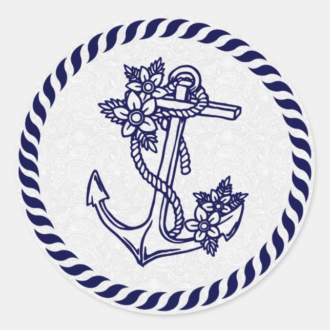 Navy Blue Floral Nautic Anchor & Wreath Runder Aufkleber (Vorderseite)
