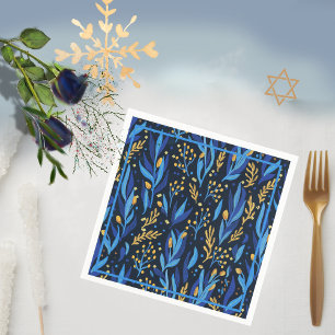 Navy Blue Floral Pattern Happy Hanukkah Serviette
