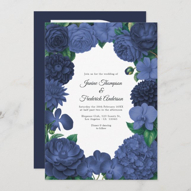 Navy Blue Floral Photo and QR Code Wedding Einladung (Vorne/Hinten)