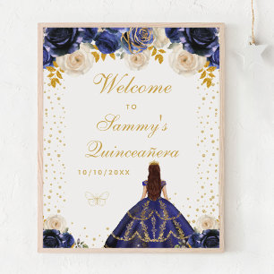 Navy Blue Floral Princess Quinceañera Willkommen Poster