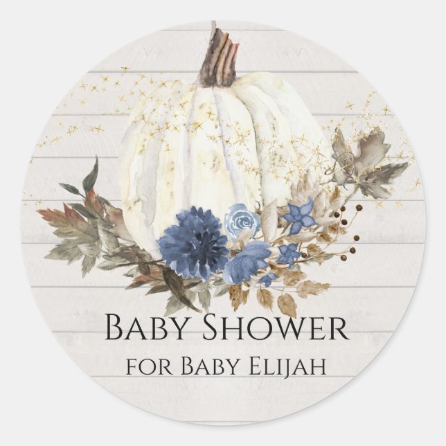 Navy Blue Floral Pumpkin Gray Wood Baby Dusche Runder Aufkleber (Vorderseite)