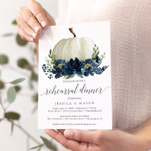 Navy Blue Floral Pumpkin Probe Dinner Invitati Einladung