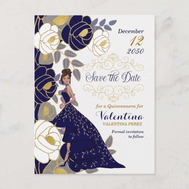 Navy Blue Floral Quincanera Save the Date Ankündigungspostkarte (Vorderseite)