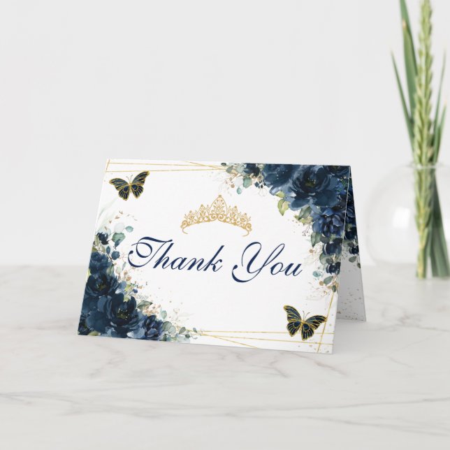 Navy Blue Floral Quinceañera Birthday Butterfliege Dankeskarte (Vorderseite)