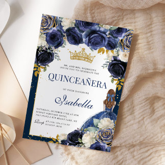 Navy Blue Floral Quinceanera Mis Quince Anos Einladung
