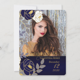 Navy Blue Floral Quinceanera mit Foto Einladung