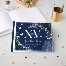 Navy Blue Floral Quinceañera Quince 15 Silver Gästebuch