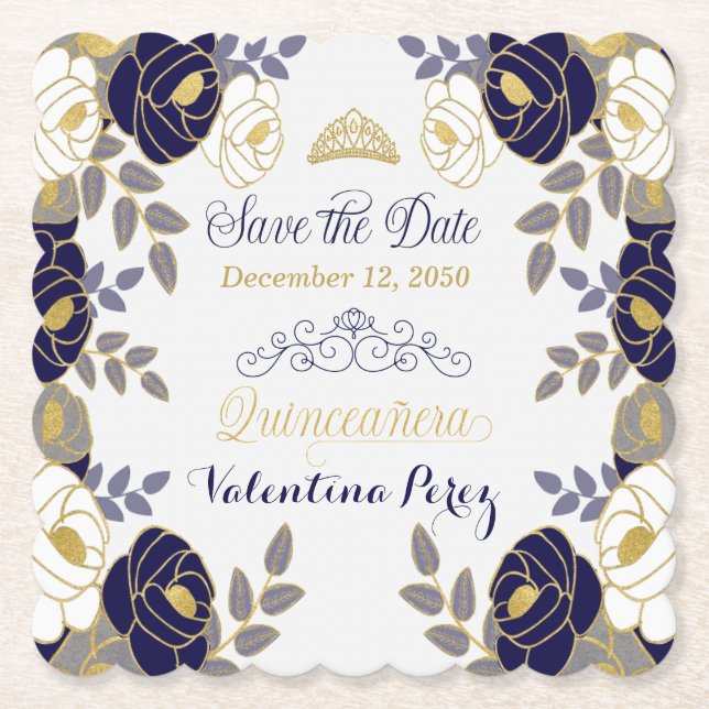 Navy Blue Floral Quinceanera Save the Date Untersetzer (Vorderseite)