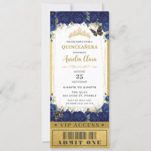 Navy Blue Floral Quinceañera Sweet 16 VIP Ticket Einladung
