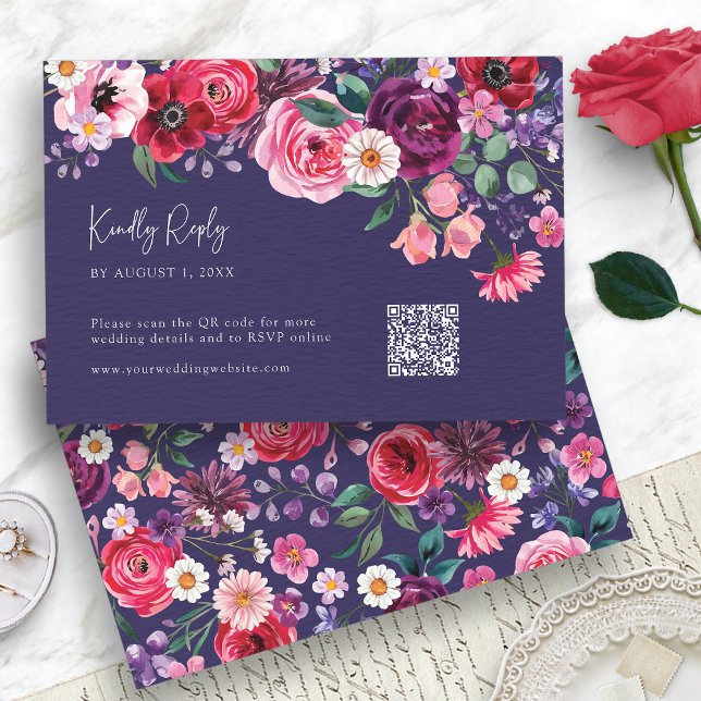 Navy Blue Floral RSVP Karte (Navy Blue Watercolor Floral RSVP Card with QR Code by Painted Paperie
)