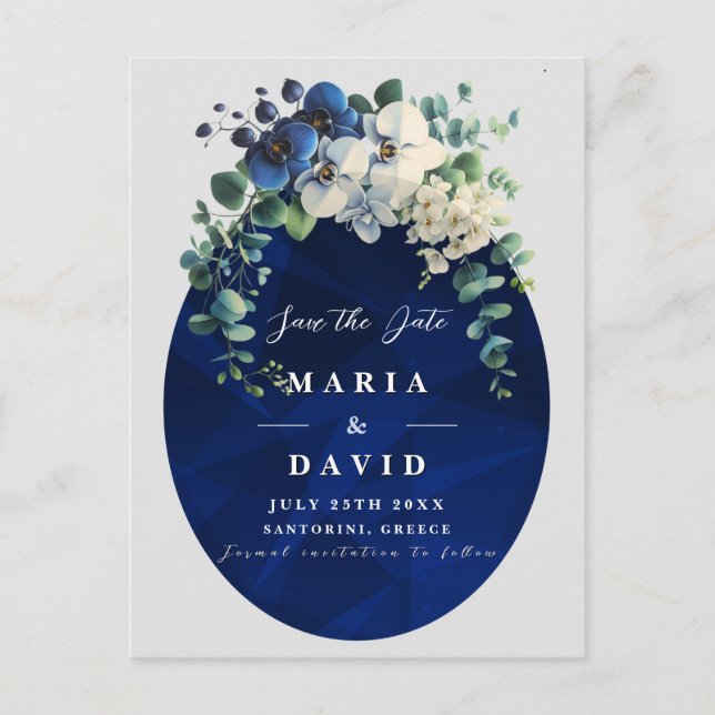 Navy Blue Floral Save the Date, Elegant Ankündigungspostkarte (Vorderseite)