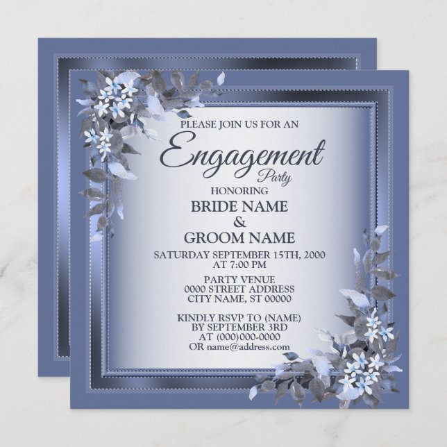 Navy Blue Floral Silver Gray Engagement Party Einladung (Vorne/Hinten)