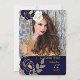 Navy Blue Floral Spanisch Quinceanera mit Foto Einladung