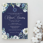 Navy Blue Floral Star von David Bat Mitzvah Einladung<br><div class="desc">Schöne Blume aus weißem Pinien und grüne Blätter in Aquarellfarben bilden einen eleganten Rahmen für diese hübsche, blühende Bat Mitzvah-Einladung. Der Name Ihrer Tochter ist in schicker, weißer Kalligrafie auf dieser Zeremonie oder Party Einladung unter einem David-Stern für eine jüdische Familie geschrieben, die ein Mädchen feiert, das zur Tora gerufen...</div>
