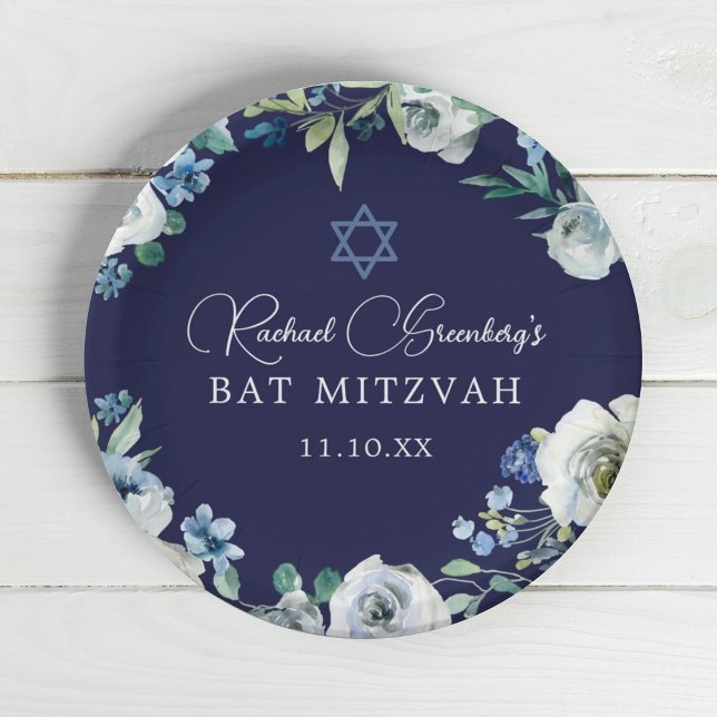 Navy Blue Floral Star von David Bat Mitzvah Party Pappteller (Von Creator hochgeladen)