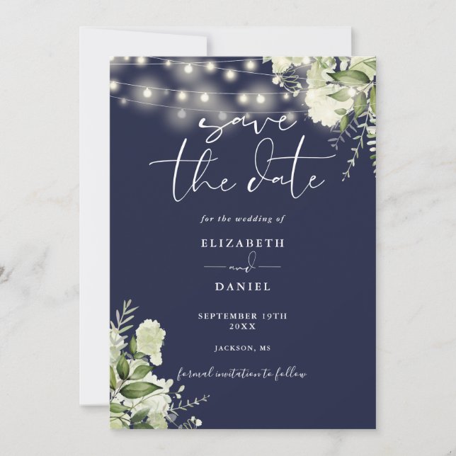 Navy Blue Floral String Lights QR Code Wedding Save The Date (Vorderseite)