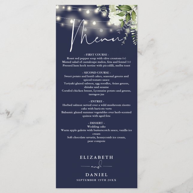 Navy Blue Floral String Lights Wedding Dinner Menükarte (Vorderseite)