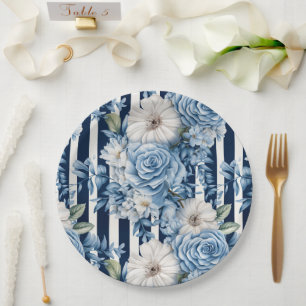 Navy Blue Floral Stripes Brautparty Pappteller