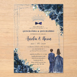 Navy Blue Floral Twins Boy Girl Silver Quinceañera Acryleinladungen