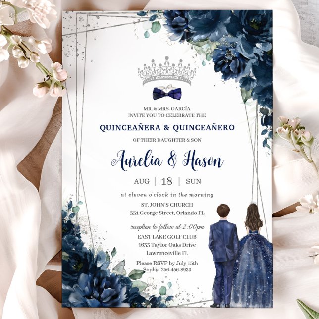 Navy Blue Floral Twins Boy Girl Silver Quinceañera Einladung (Von Creator hochgeladen)