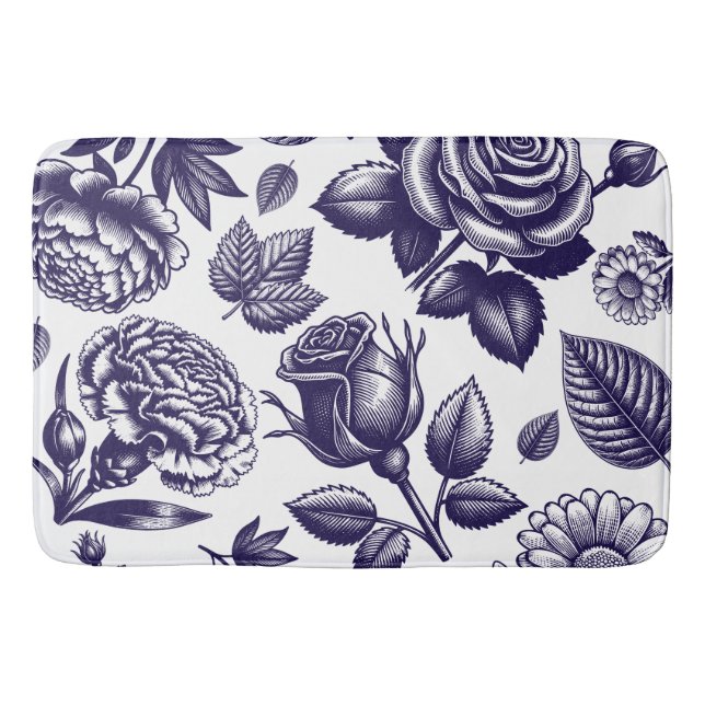 Navy Blue Floral Vintag Badematte (Vorderseite)