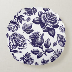 Navy Blue Floral Vintag Rundes Kissen