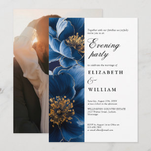 Navy Blue Floral Wedding Abend Party Foto Einladung