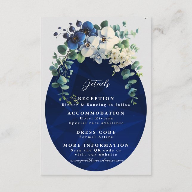 Navy Blue Floral Wedding Details Card, Elegant  Begleitkarte (Vorderseite)