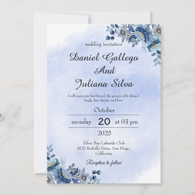 Navy Blue Floral Wedding Invitation Einladung (Vorderseite)