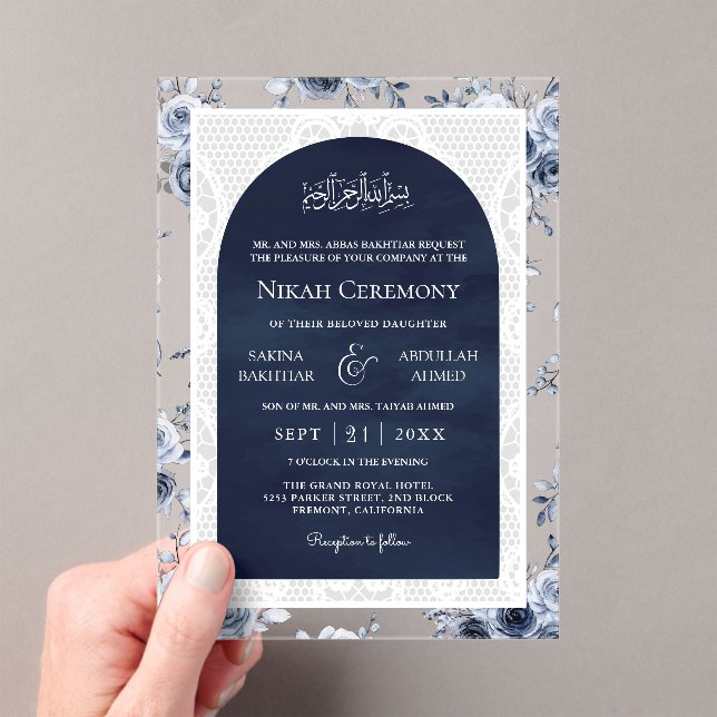 Navy Blue Floral White Lace Muslim Wedding Acryleinladungen (Insitu (Handheld))