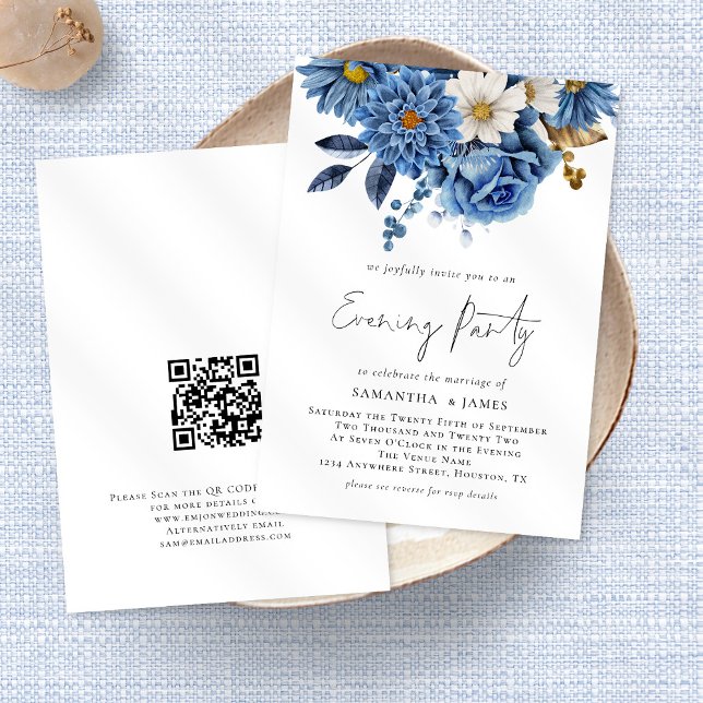 Navy Blue Florals Qr Code Wedding Abend Party I Einladung (Von Creator hochgeladen)