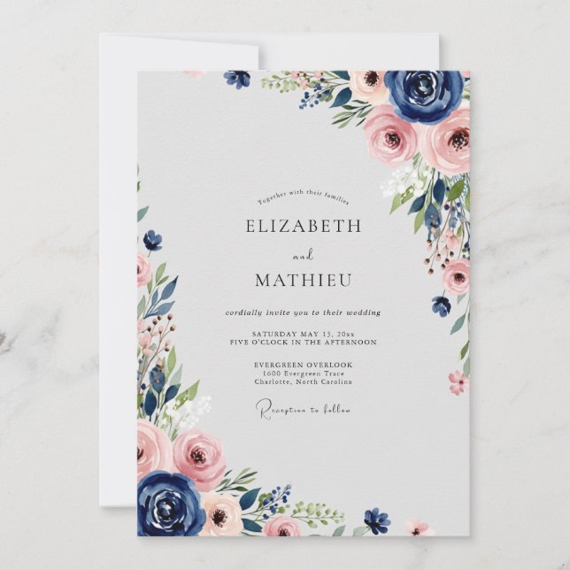 Navy Blue Flourishing Spring Wedding Einladung (Vorderseite)