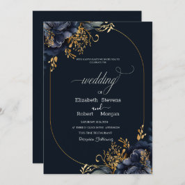 Navy Blue Flowers Gold Blätter Frame Wedding Einladung