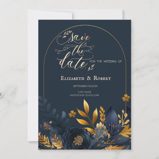 Navy Blue Flowers Gold Blätter Save the Date (Vorderseite)