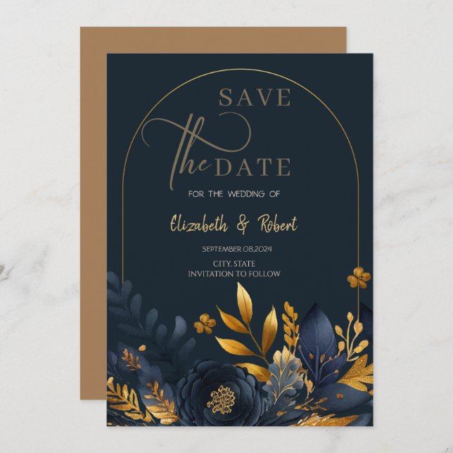 Navy Blue Flowers Gold Blätter Save the Date flach (Vorne/Hinten)