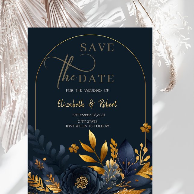 Navy Blue Flowers Gold Blätter Save the Date flach (Von Creator hochgeladen)