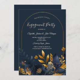 Navy Blue Flowers Gold Blätter Verlobung Einladung