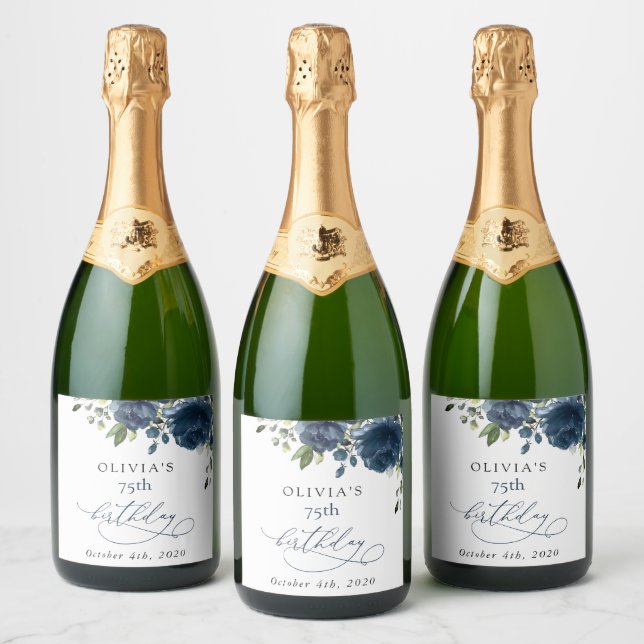 Navy Blue Flowers, Greenery, Boho, Birthday (Flaschen)