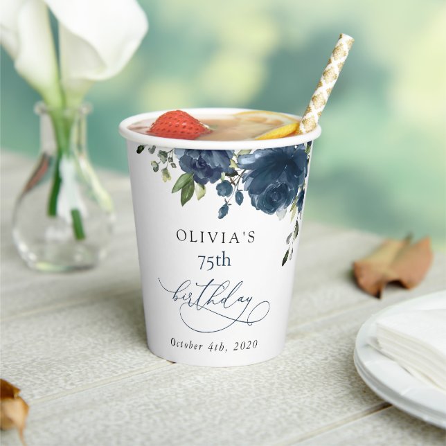 Navy Blue Flowers, Greenery, Boho, Birthday Pappbecher (In Situ)