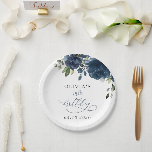 Navy Blue Flowers, Greenery, Boho, Birthday Pappteller (Hochzeit)
