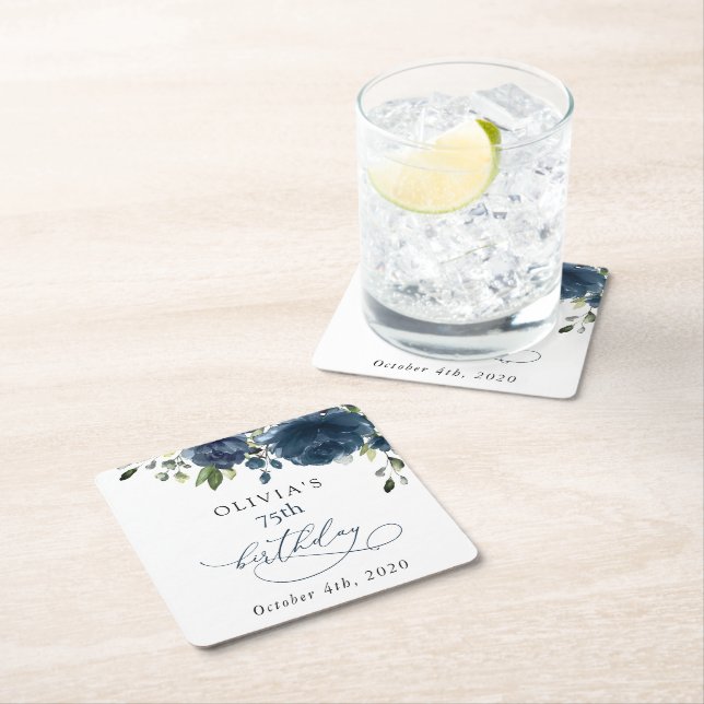 Navy Blue Flowers, Greenery, Boho, Birthday Rechteckiger Pappuntersetzer (Vor Ort)