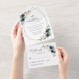 Navy Blue Flowers, Pink Flowers, Boho, Birthday All In One Einladung