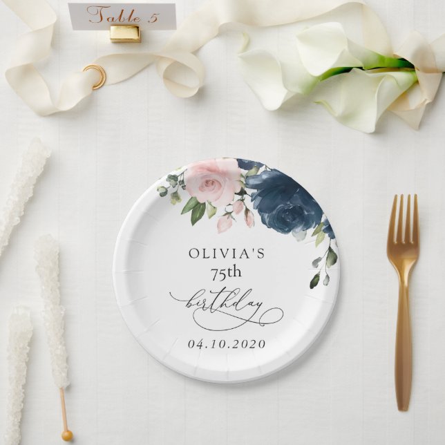 Navy Blue Flowers, Pink Flowers, Boho, Birthday Pappteller (Hochzeit)