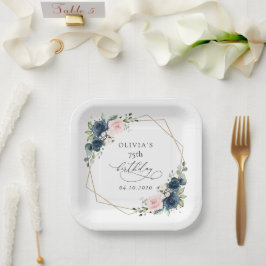 Navy Blue Flowers, Pink Flowers, Boho, Birthday Pappteller