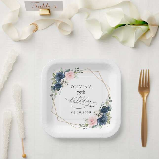 Navy Blue Flowers, Pink Flowers, Boho, Birthday Pappteller (Hochzeit)